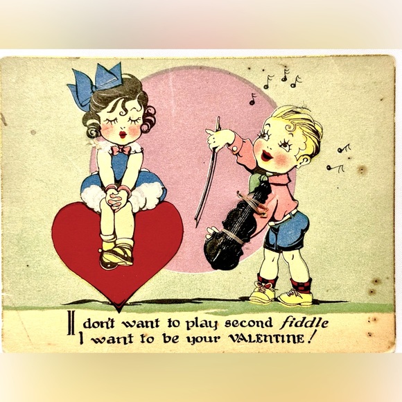 Vintage Early 1910’s Hallmark Valentines Day Card Hard Plastic Violin Toy Trim - Picture 1 of 7